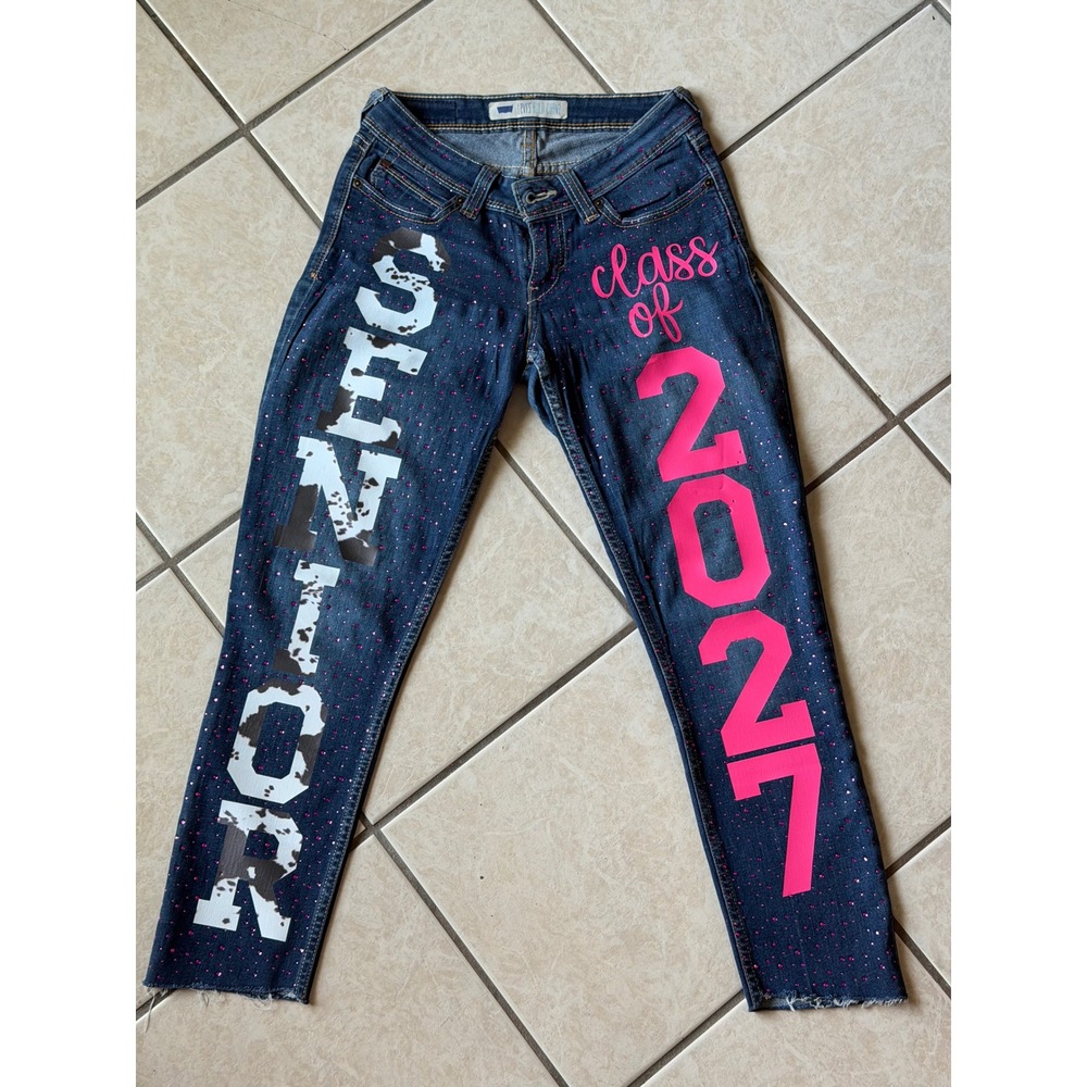 Senior Class of 2027 Custom Jeans Medium Wash Pink Cow Print 28